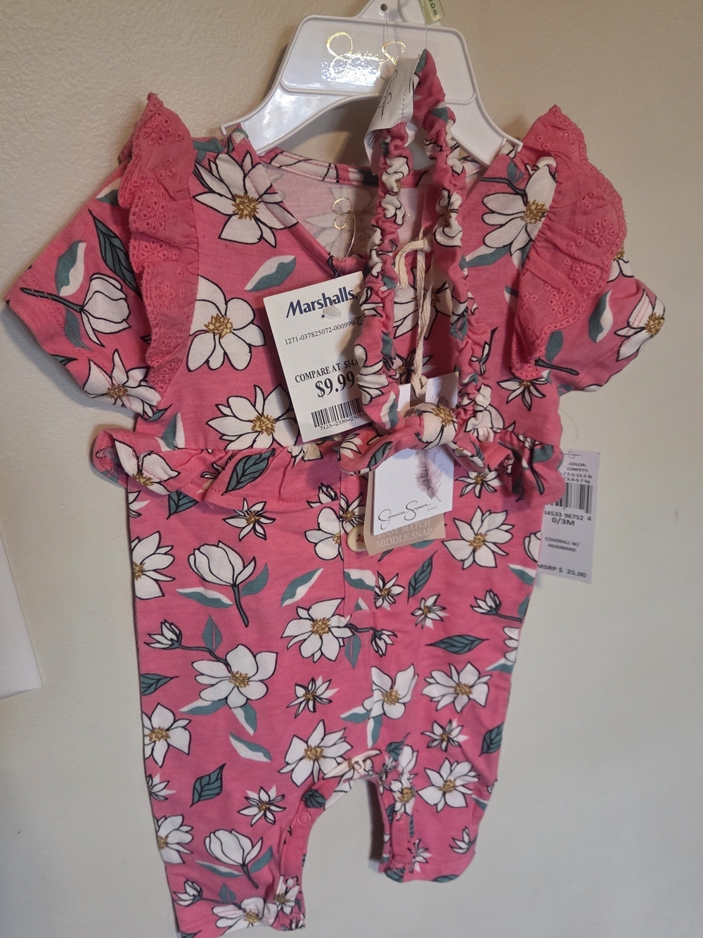 Marshalls Pink Floral Baby Romper with Ruffle Sleeves